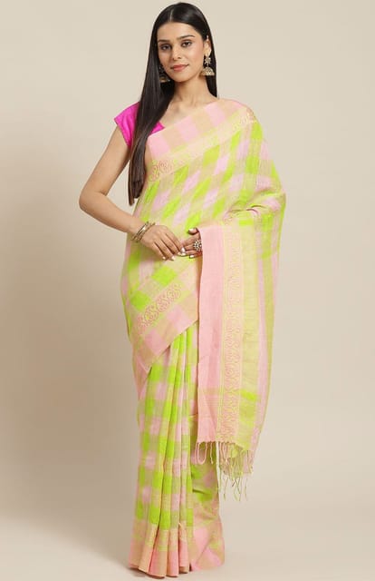 Handwoven Linen-cotton Saree in Green & Pink