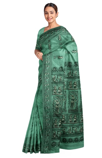 Baluchari Mina Silk Saree - Teal Green