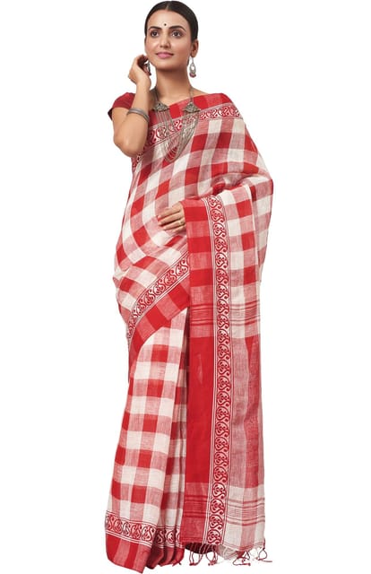 Cotton-Linen Saree in Red & White