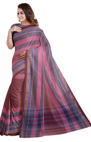 Handwoven Dhaniakhali Cotton Saree - Pink & Blue