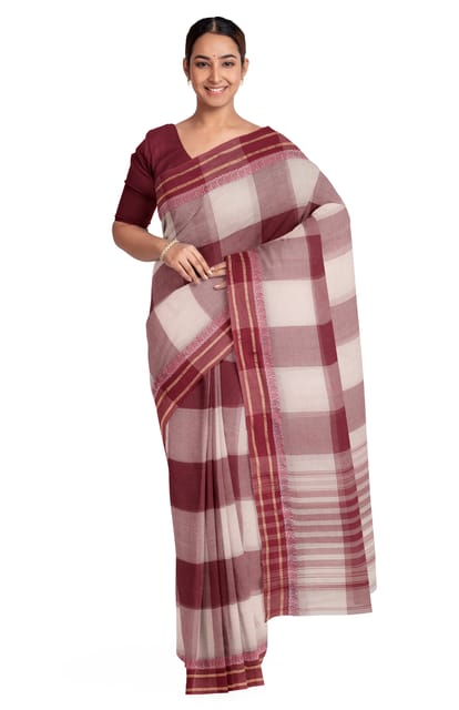 Handwoven Dhaniakhali Cotton Saree - Off-white & Red