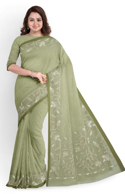 Handwoven Nettle Jamdani Cotton Saree - Green