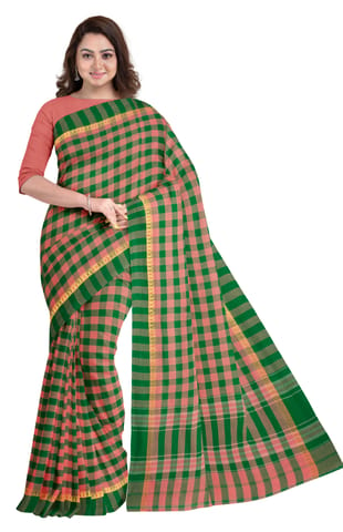Handwoven Dhaniakhali Checkered Cotton Saree with Tassel