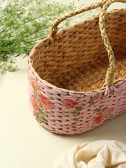 Decorative fruit gift baskets/ hamper baskets/big storage baskets for shelves which are perfect alternatives to wicker storage baskets/ Use this natural Straw/dry grass/Seagrass/Kouna Grass basket as vegetable storage basket/organising basket (Pink Flowers)