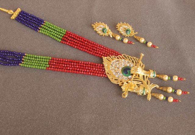 Crystal Beaded Lord Krishna Murli Pankha Kundan Necklace Set