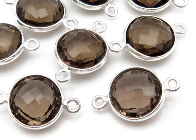 92.5 Sterling Silver Round Smoky Quartz Connector 8mm
