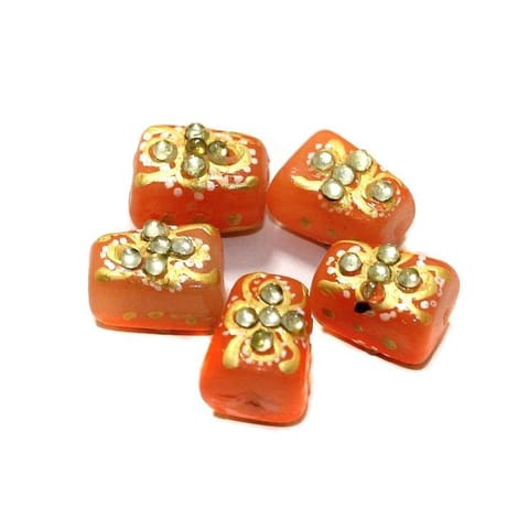 5 Pcs Handpainted Kundan Work Tumbled Beads Orange 14x10mm