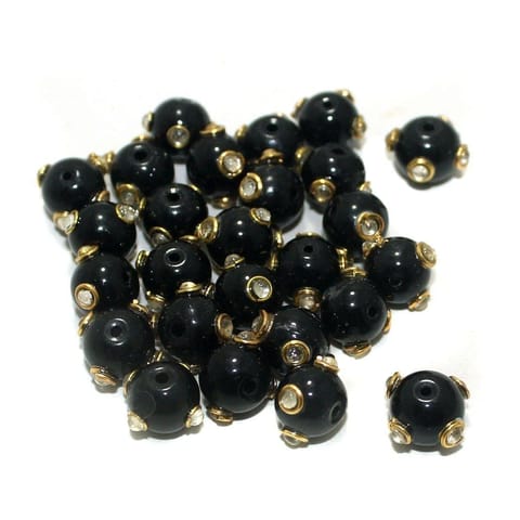 50 Pcs Glass Kundan Beads Round 10mm Black