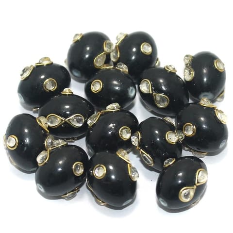 Glass Kundan Beads Oval 15x12mm Black