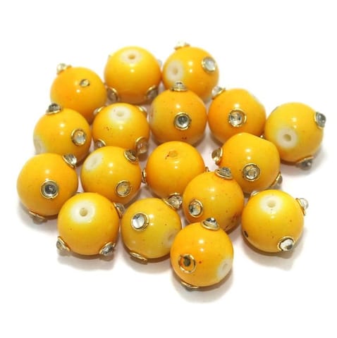Glass Kundan Beads Round 12mm Yellow