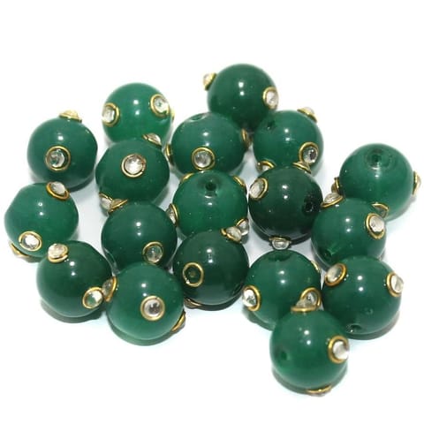 Glass Kundan Beads Round 12mm Green