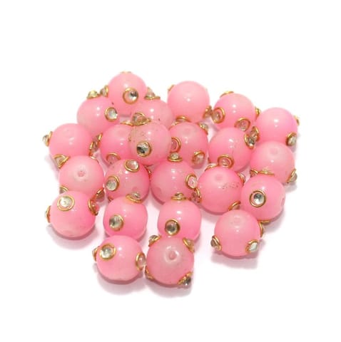 Glass Kundan Beads Round 10mm Pink