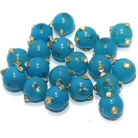 Glass Kundan Beads Round 12mm Blue