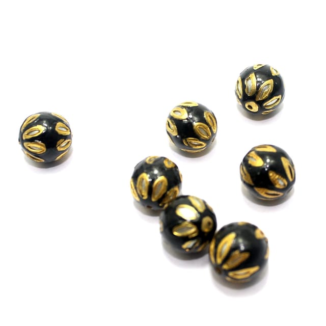 20 Meenakari Round Beads Black 12mm