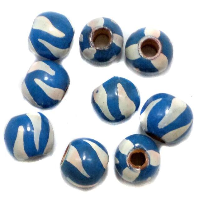 50 Wooden Hand Painted Round Beads Blue and White 10mm