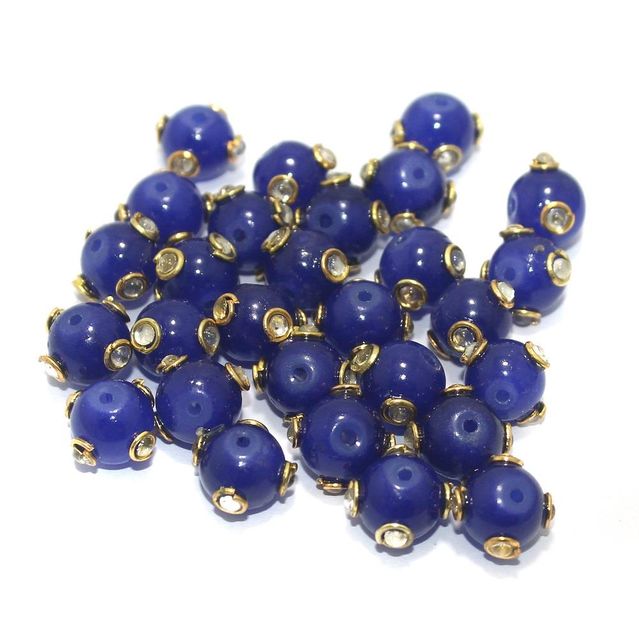 Glass Kundan Beads Round 10mm Blue