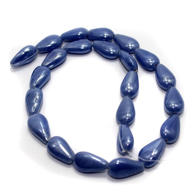 5 Strings Glass Flat Drop Beads Blue 18x10mm