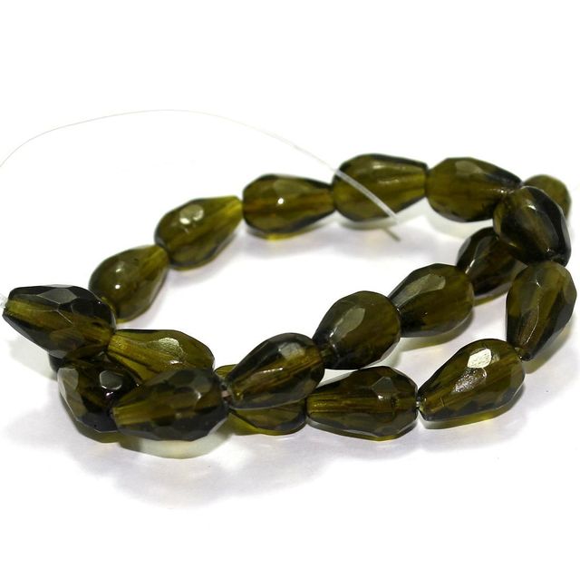 20 Hand Cut Faceted Glass Drop Beads Olive Green 15x10mm