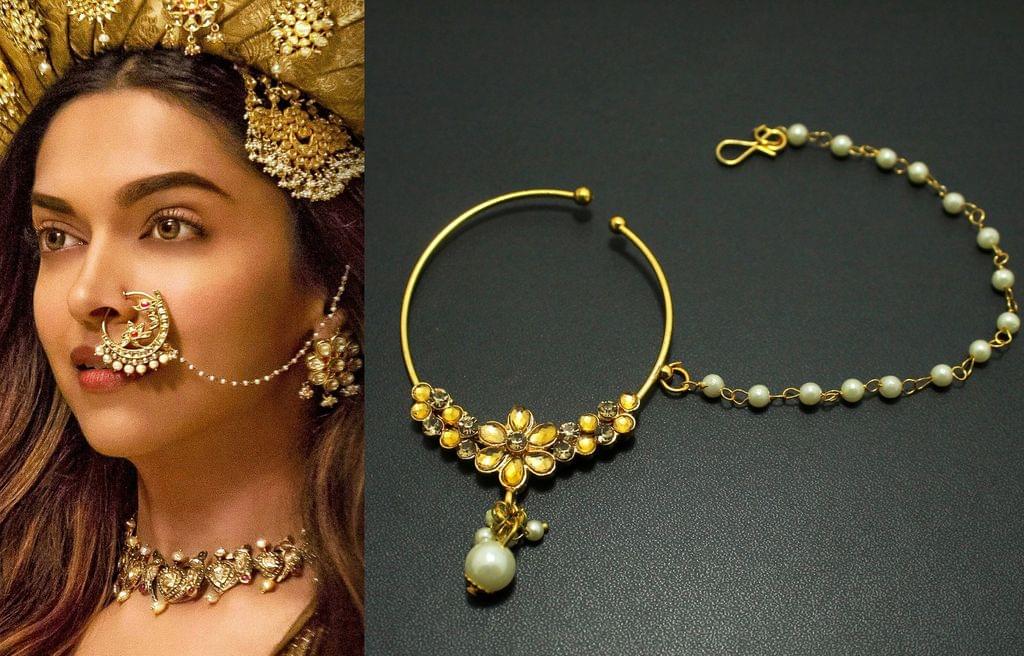 Buy Gold Plated Bridal Jewellery Nose Ring Nath with Long Chain Online India at Beadsnfashion
