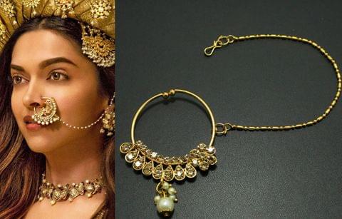 Gold Plated Bridal Jewellery Nose Ring Nath with Long Chain
