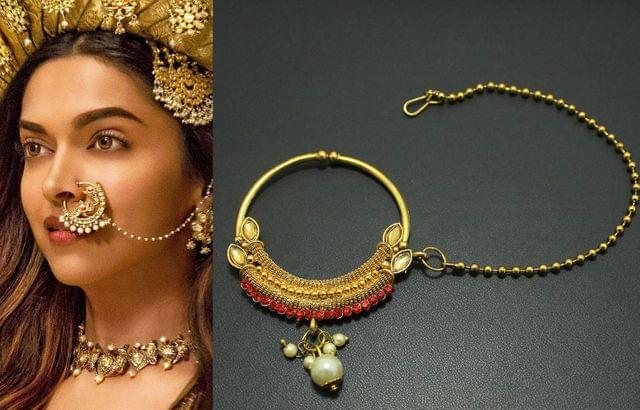 Gold Plated Bridal Jewellery Nose Ring Nath with Long Chain