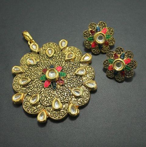 Kundan Meena Pendant and Earrings Set, Size-7x7cm