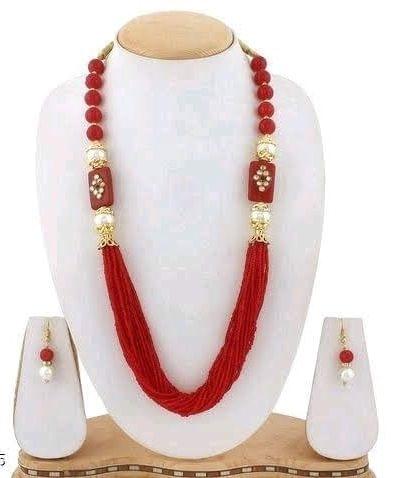 Glass Kundan Beaded Long Necklace Red For Girls