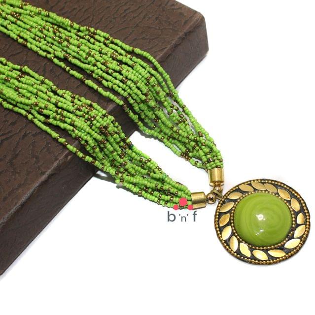 Seed Beads Necklace Parrot Green With Tibetan Pendant
