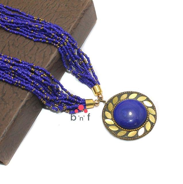 Seed Beads Necklace Blue With Tibetan Pendant