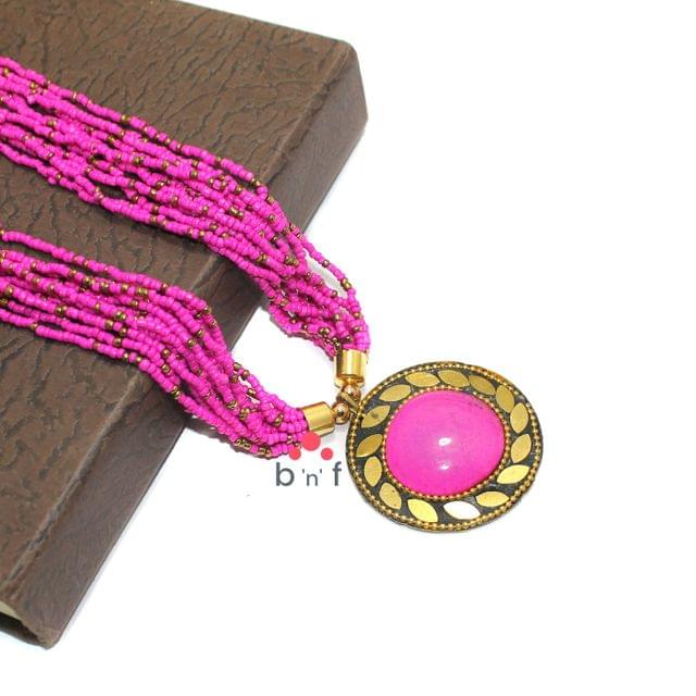 Seed Beads Necklace Pink With Tibetan Pendant