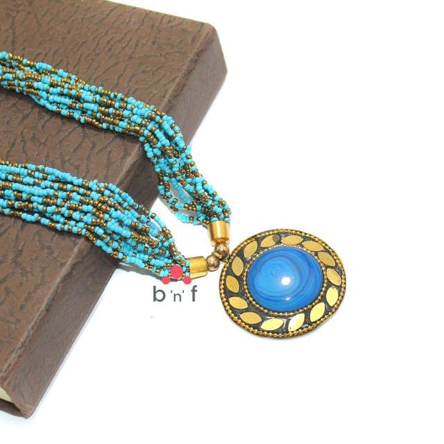 Seed Beads Necklace Turquoise With Tibetan Pendant