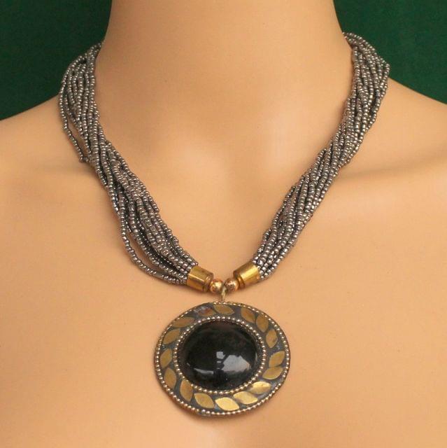 Seed Beads Necklace Metallic With Tibetan Pendant