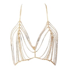 Sexy Rhinestone Tassel Backless Harness Bra Bikini Clubwear Bra Chain Gold