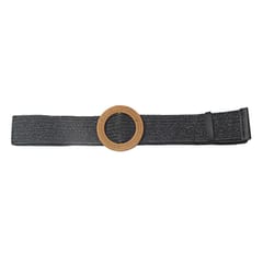 Bohemian Woven Waistband Wide Stretch Belt with Round Wooden Buckle Black