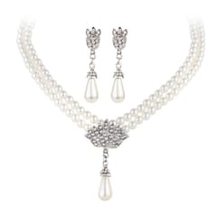Temperament Imitation Pearl Diamond Short Clavicle Necklace Earring Jewelry Set (GEE04-02)