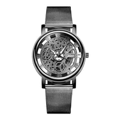 SOXY Fashion Business Skeleton Watch Men Engraving Hollow Quartz Wristwatch Stainless Steel Band Clock