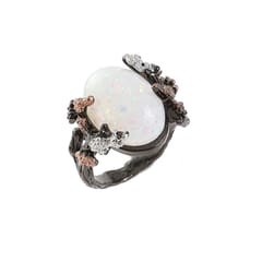 Woman Vintage Black Gold Color Ring White Fire Opal Flower Rings