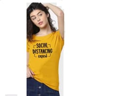 Typography Women Round Neck, Yellow T-Shirt Size -M