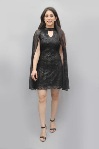 Black Cape Sleeves Sequin Dress