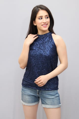 Blue Sequin Sleeveless Party Top