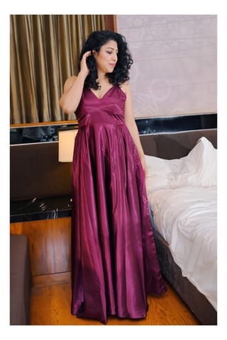 Solid Wine Glossy Party Gown