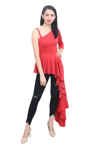 Solid Red Maxi Top With Asymmetric hemline.