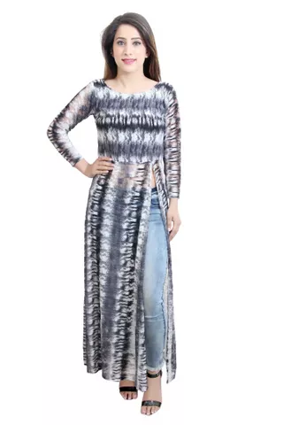 Grey Color Printed Net Maxi Top With Slit