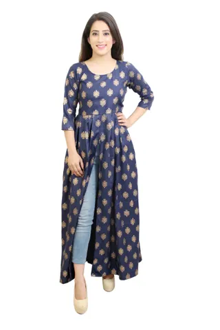 Blue and gold Printed Front Slit Kurta