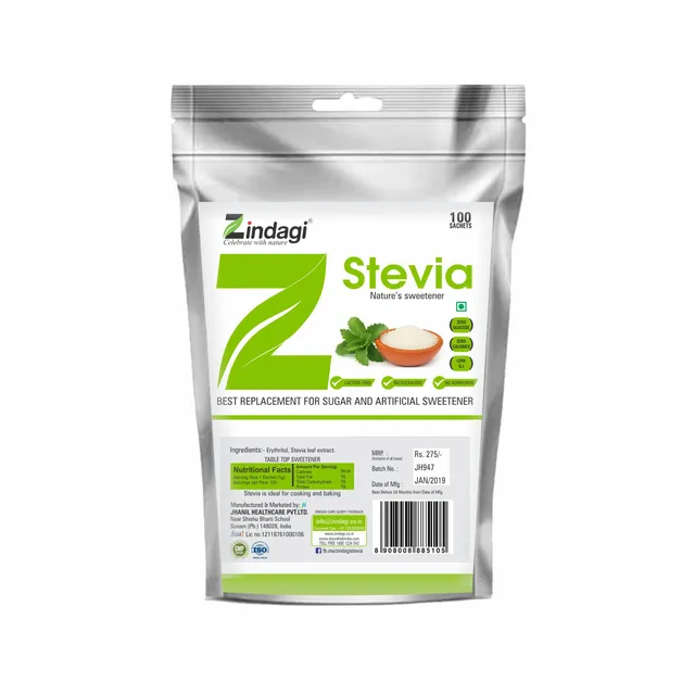 Zindagi Stevia Sachets - Pure Stevia White Powder Extract - Natural Fat Burner - Sugar-free Sweetener (100 Sachets)