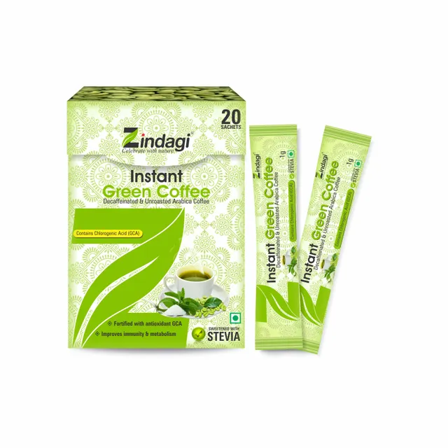 Zindagi Instant Green Coffee Powder - Sweetened With Stevia (20 Sachets)
