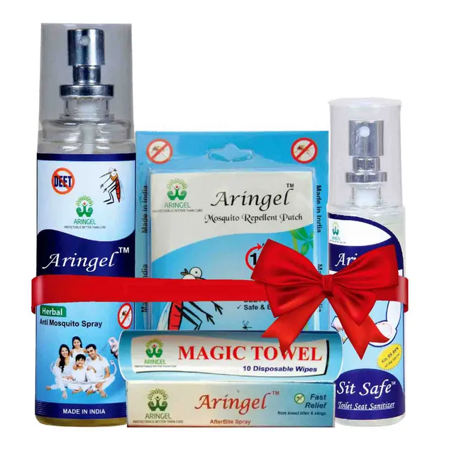 Aringel Mosquito Repellent Patch 1st Gen.(12 Pieces) + Anti Mosquito Spray (100ml) + Sit Safe Toilet Seat Sanitizer (50ml) + Magic Towel (10 Wipes) + After Bite Spray  (80ml)