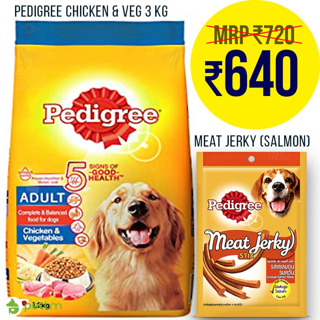 Combo: 3kg Pedigree Adult Chicken and Vegetable + Meat Jerky Smoked Salmon 60gms