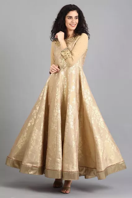 Beige Round Neck Printed Gown Beige Round Neck Printed Gown