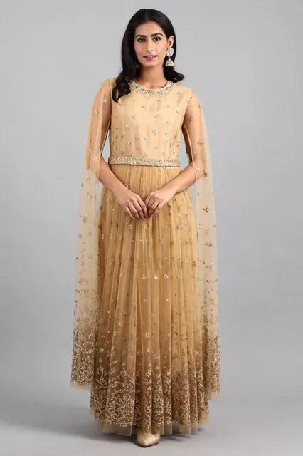 Beige Round Neck Embellished Gown Beige Round Neck Embellished Gown